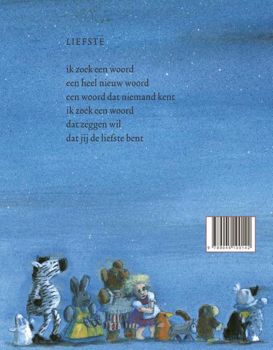 Boekomslag met een gedicht en tekeningen van dierenfiguren onder een sterrenhemel.