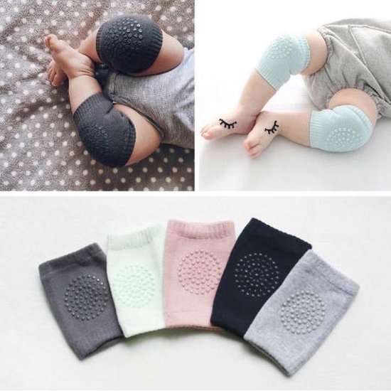 Baby kniebeschermers met antislip nopjes in grijs, lichtblauw, roze en zwart.
