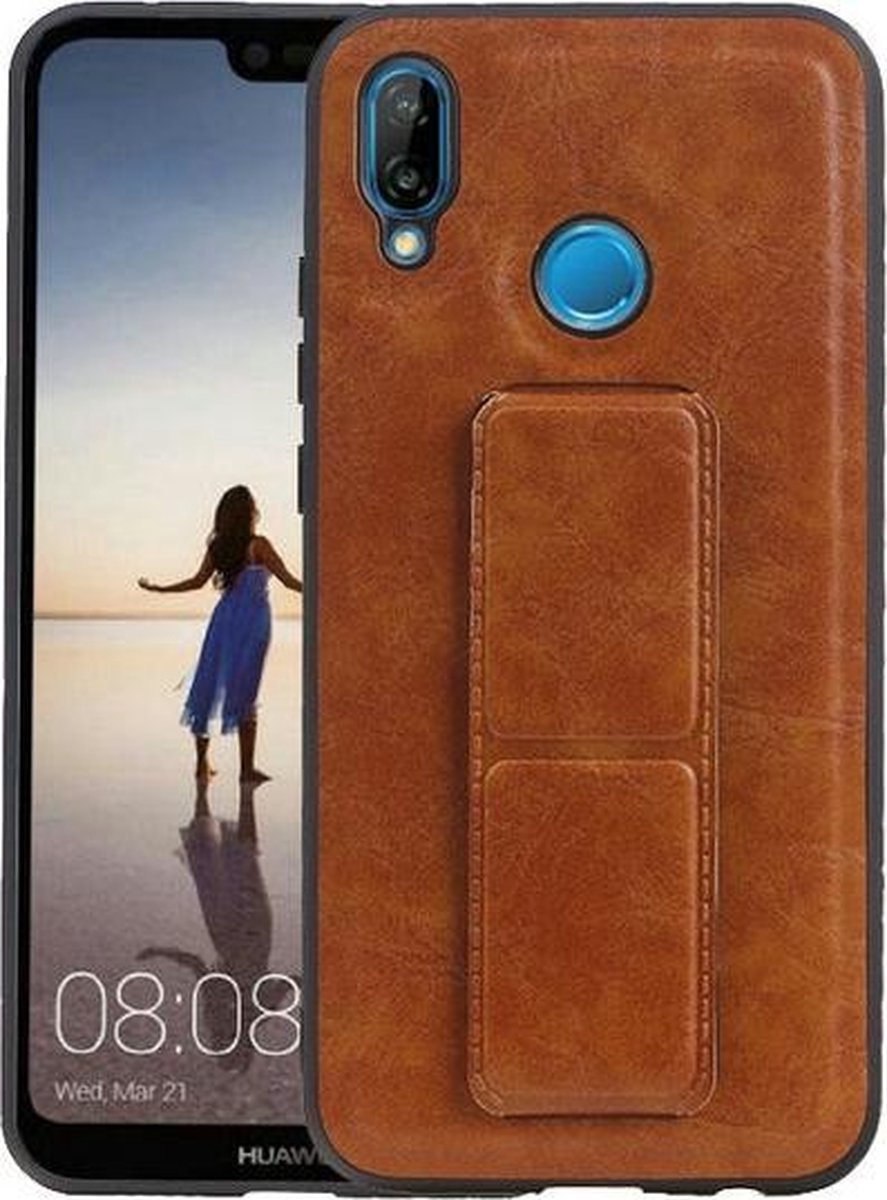 Grip Stand Hardcase Backcover voor Huawei P20 Lite Bruin