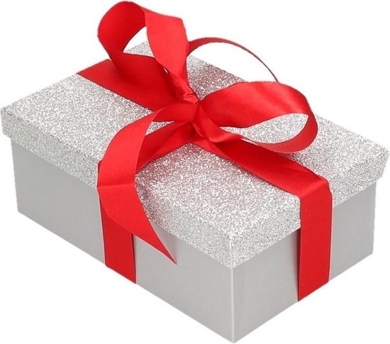 Coffret cadeau - Coffret cadeau paillettes argent 15 x 9 cm et ruban cadeau  rouge 
