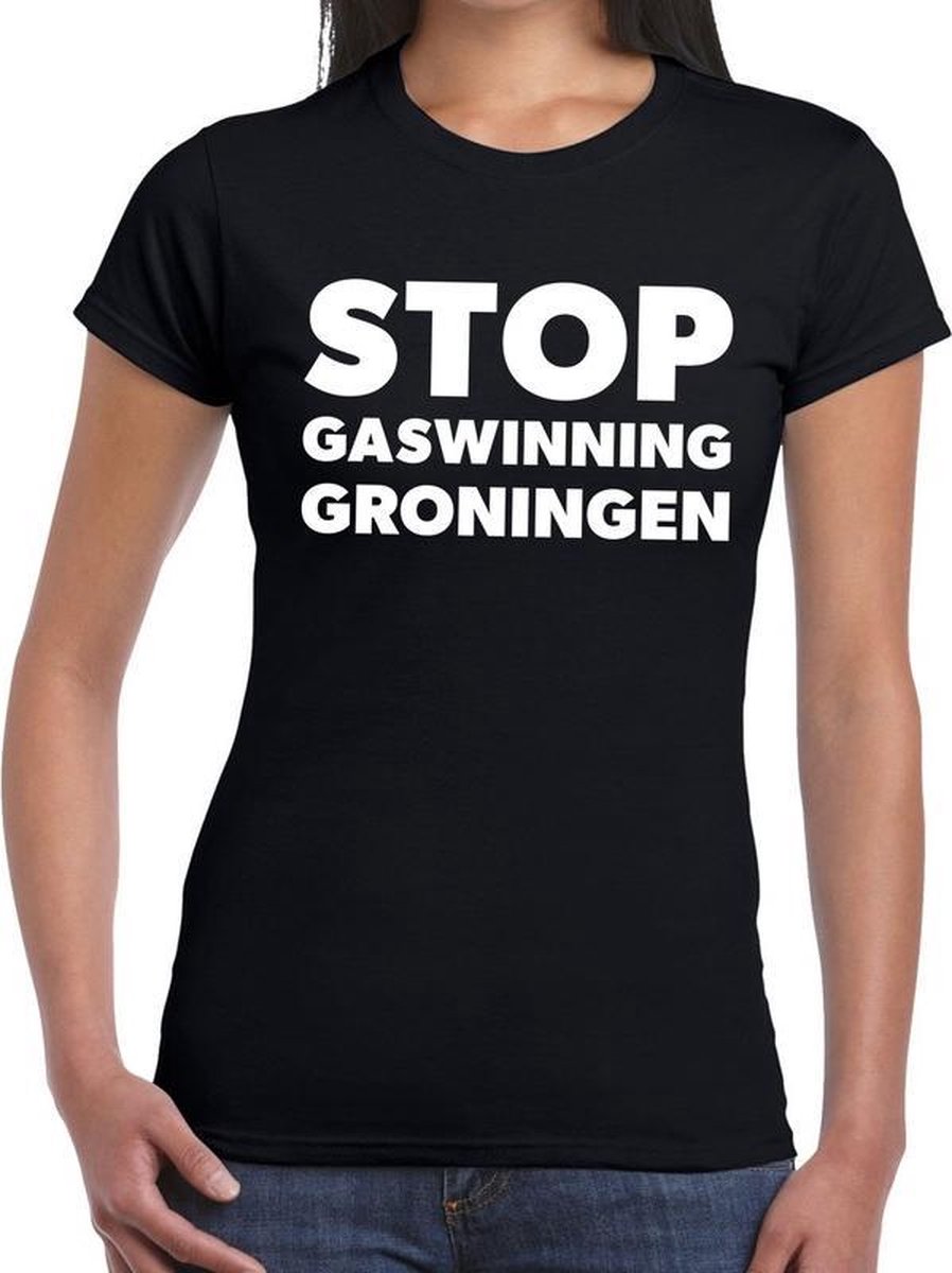 Afbeelding van product Bellatio Decorations  Groningen protest t-shirt zwart voor dames -STOP gaswinningen Groningen shirt voor dames L  - maat L