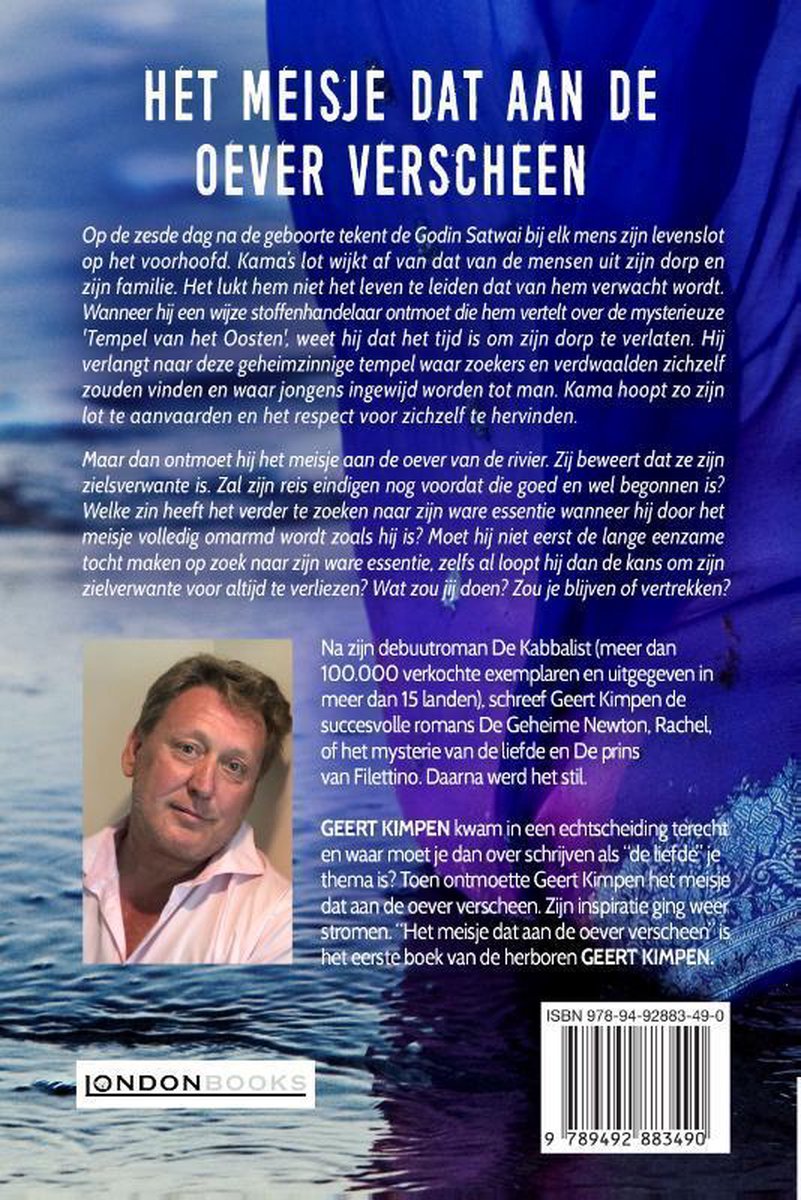 Boekcover 'Het Meisje Dat Aan De Oever Verscheen' met portret van Geert Kimpen en golven op de achtergrond.
