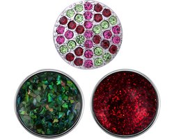 Quiges - Chunk 18mm Click Button Drukknoop Set van 3 Stuks Multi Kleur met Zirkonia Schelp & Glitter - EBCMSET001