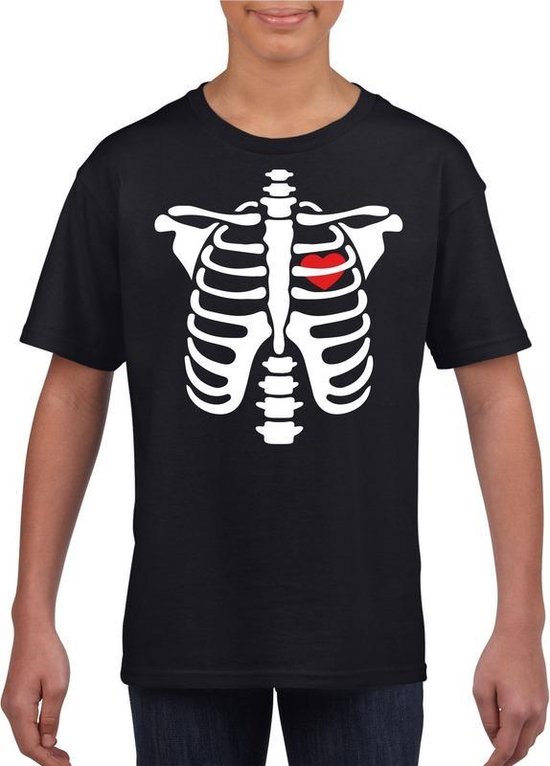 Halloween Halloween skelet t-shirt zwart jongens en meisjes - Halloween kostuum kind 146/152
