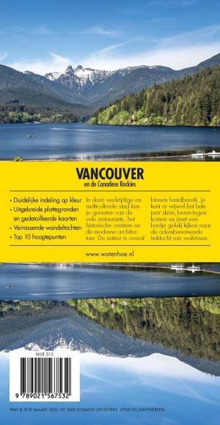 Boekcover met bergen, een meer en tekst over Vancouver en de Canadese Rockies.