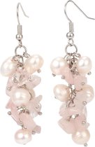 Zoetwater parel en edelstenen oorbellen Pearl Rose Quartz Chip - oorhanger - echte parels - rozenkwarts - wit - roze