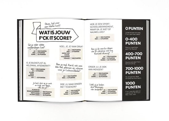 F*CK IT LIST BOOK - Wat is jouw F*ck it score? Opunten, 0-400 punten, 400-700 punten, 700-1000 punten, 1000 punten.
