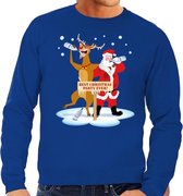 Foute kersttrui / sweater dronken kerstman en rendier Rudolf na kerstborrel/ feest blauw voor heren - Kersttruien XL (54)