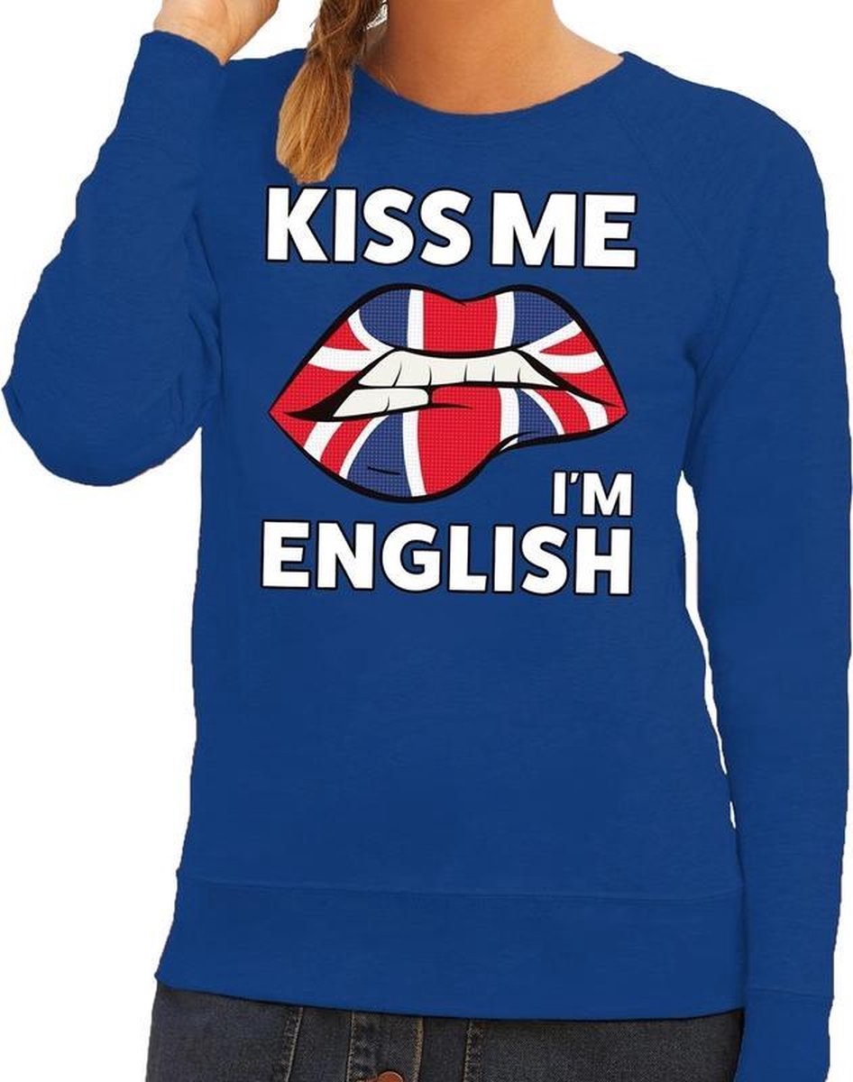 Afbeelding van product Bellatio Decorations  Kiss me I am English sweater blauw dames - feest trui dames - Engeland kleding M  - maat M