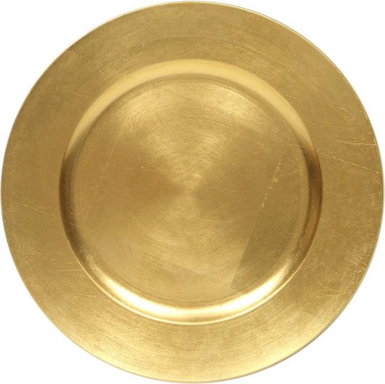 Een gouden, plat bord met een licht gebogen rand en een borsteld metaal effect.