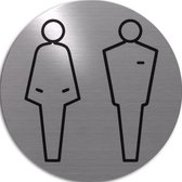RVS deurbordje pictogram: man vrouw WC heren en dames toilet | 5 jaar garantie | ROND 82mm Ø | Zelfklevend | Plakstrip