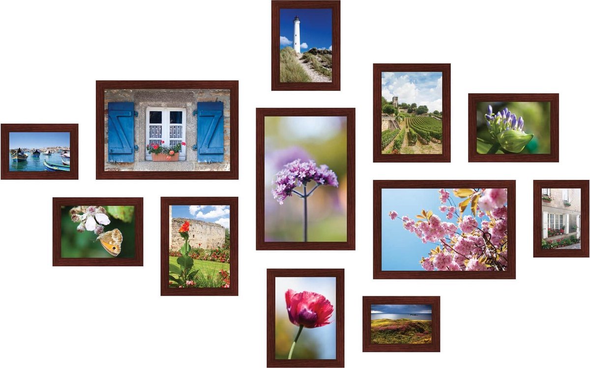 SecaDesign Fotowand bruin 12 fotolijsten PIA12BR met handige template voor plaatsing. 3x 10x15cm, 3x 13x18cm, 3x 15x20cm en 3x 20x30cm fotomaat - fotomuur