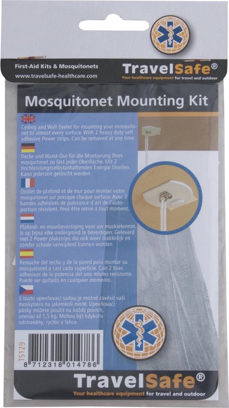 Verpakking van de TravelSafe muggennet montagekit met meertalige instructies en logo.