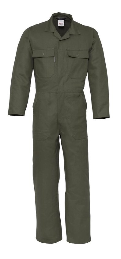 Groen werk overall met lange mouwen, twee borstzakken met klep en drukknoop, en steekzakken.