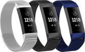 Gymston® Milanese bandjes - Fitbit Charge 3 - 3-pack - Zilver - Zwart - Blauw - Small