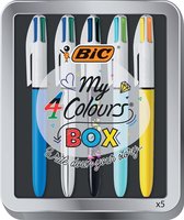 BIC My 4 Colours Box - Mijn 4 Kleuren Box - 5 iconische BIC balpennen met kliksysteem en medium punt, in Metalen geschenkdoos