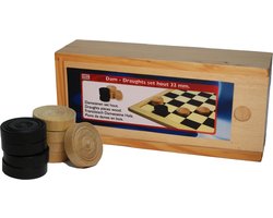 Damschijven 32 mm.in blank/zwart in houten kist