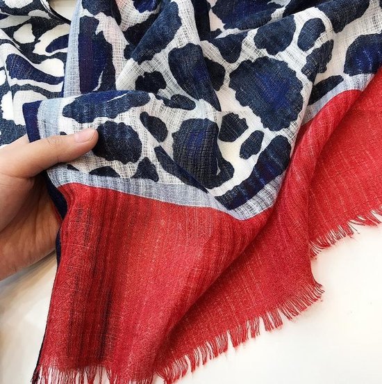Dames luipaard sjaal in donker blauw rood gebroken wit - 85 x 175 cm | bol