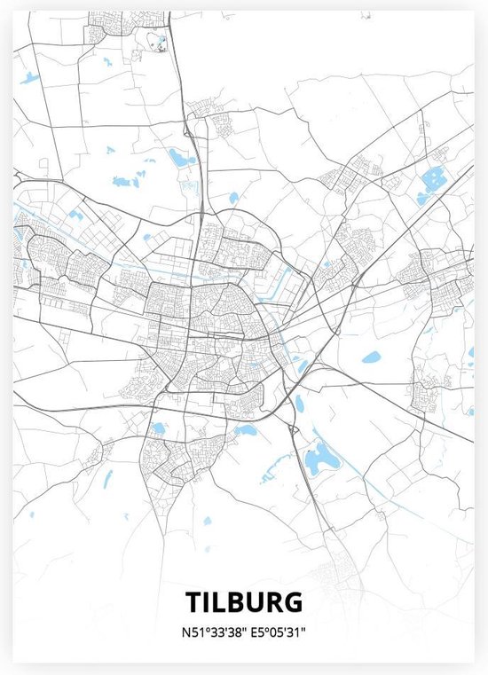 Tilburg plattegrond - A3 poster - Zwart blauwe stijl