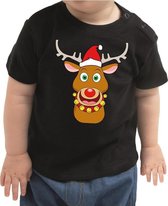 Kerst shirt / t-shirt zwart - Rudolf het rendier met rode muts voor peuters / kinderen - jongen / meisje 92 (11-24 maanden)