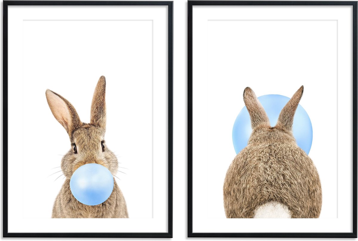 Kinderkamer posters – 2 stuks - 20x30 cm - Konijn met blauwe kauwgombel