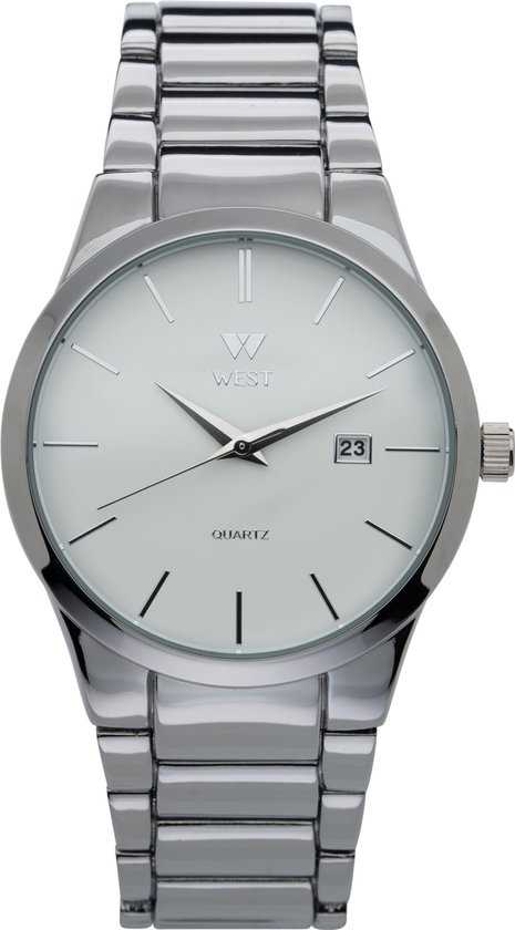 West Watch basic heren jongens horloge staal met datum - Model Milan - analoog - Ø 40 mm - Wit zilverkleurig