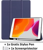 Smart Cover Book Case Hoes Geschikt Voor  Apple iPad 10,2 Inch (2019/2020) - Tri-Fold Multi-Stand Flip Sleeve - Beschermhoes Met Screen Protector & Stylus Pen -  Donker Blauw