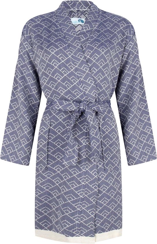 ZusenZomer hamam sauna dames badjas ochtendjas kimono GEO - hoge kwaliteit biologisch katoen - kort model - blauw