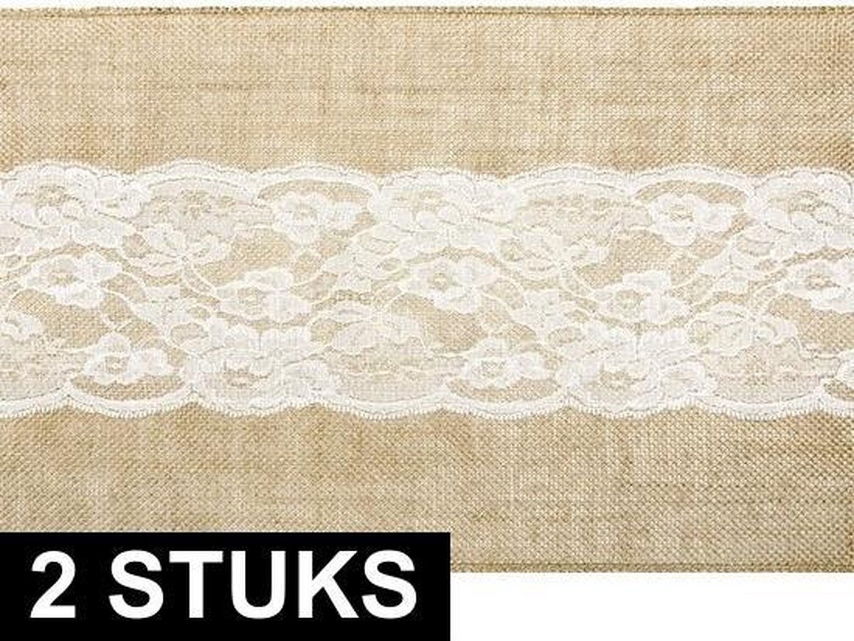 2x Jute tafellopers 28 x 275 cm met wit kant Thema antiek romantisch Tafeldecoratie versieringen