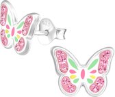 Joy|S - Zilveren vlinder oorbellen 8 mm roze kristal