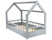 Houten bed - Huisbed - kinderbed - peuterbed - 160x80 - met barrière - Incl. matras - Scandinavische stijl - Grijs