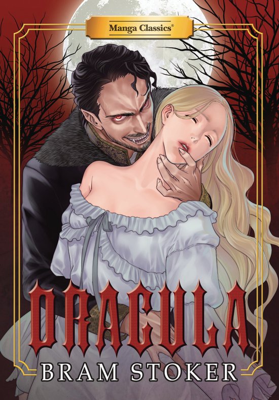 Boekomslag van Manga Classics Dracula, met een vampier die een blonde vrouw vasthoudt bij een volle maan.