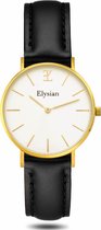 Elysian - Dames Horloge - Goud Zwart Leer - Waterdicht - 36mm