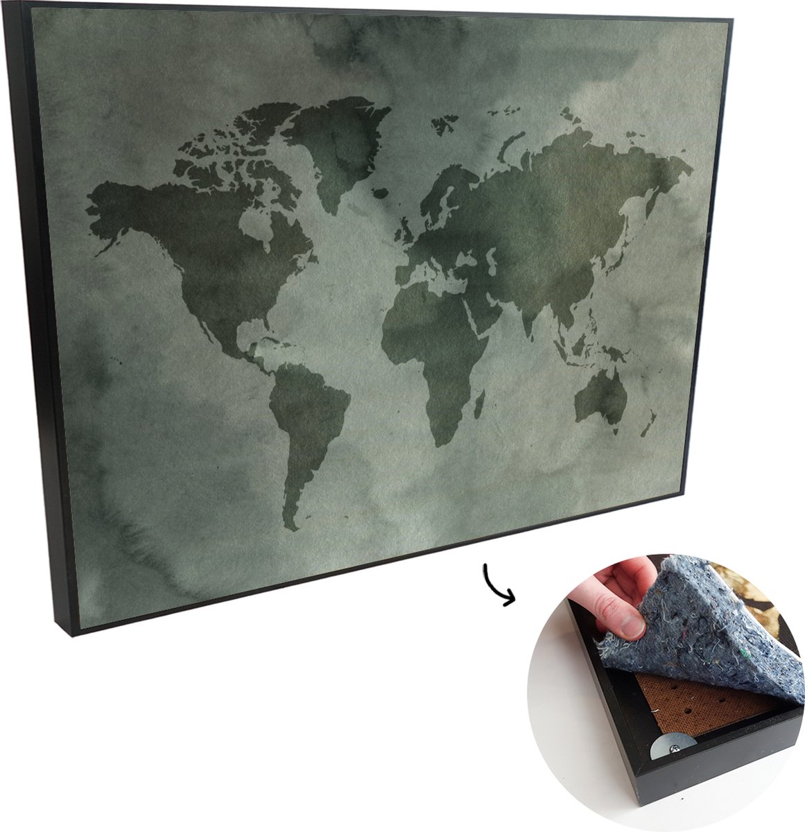 Afbeelding van product OneMillionCanvasses  Akoestische Panelen - Geluidsisolatie - Akoestisch Wandpaneel - Wanddecoratie - Schilderij - 90x60 cm - Wereldkaart - Waterverf - Grijs - Geluidsdemper - Isolatie platen