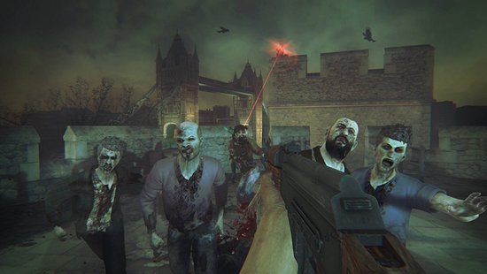 Een groep zombies valt aan met de Tower Bridge op de achtergrond, vanuit het perspectief van de speler die een wapen vasthoudt.