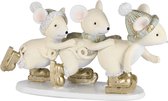 Trio schaatsende muizen - Wit / beige / goud - 13 x 4 x 8 cm hoog