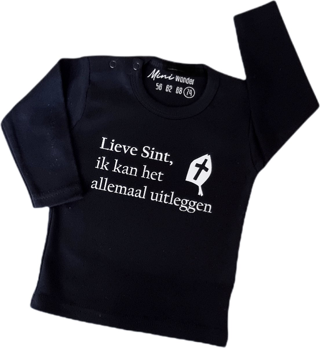 Miniwonder shirt - Lieve Sint, ik kan het allemaal uitleggen - zwart met witte opdruk - lange mouw - maat 56