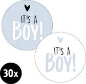 30x Sluitsticker It's a Boy! | 2 Kleuren | Blauw |  Wit | 40 mm | Geboorte Sticker | Sluitzegel | Sticker Geboortekaart | Baby nieuws | Zwangerschap |Luxe Sluitzegel