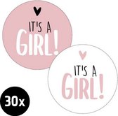 30x Sluitsticker It's a Girl! | 2 Kleuren | Wit | Roze | 40 mm | Geboorte Sticker | Sluitzegel | Sticker Geboortekaart | Baby nieuws | Zwangerschap |Luxe Sluitzegel