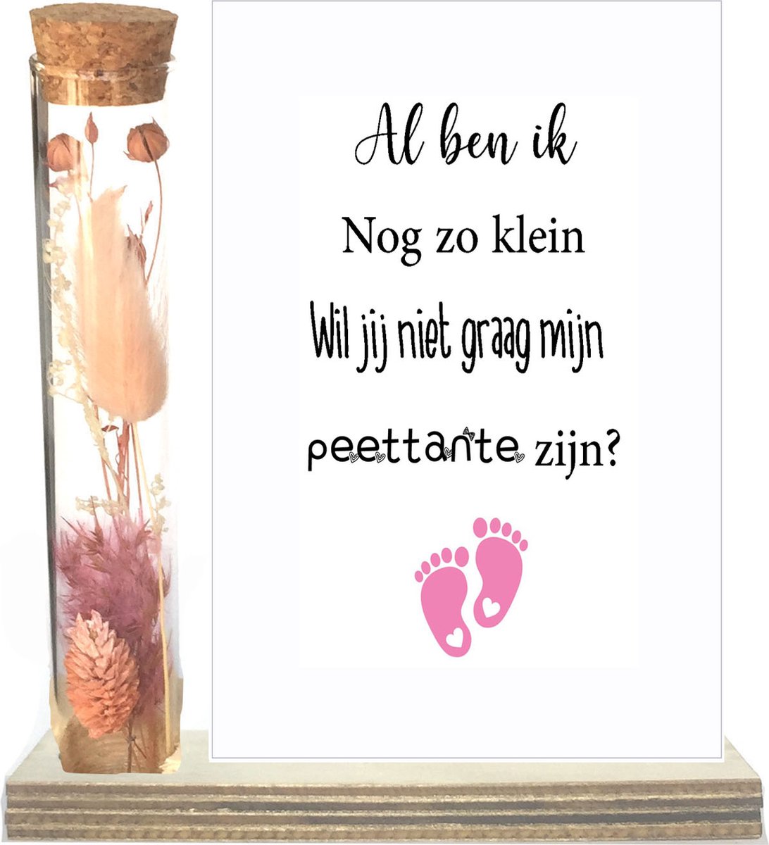 Droogbloemen in buisje | PEETTANTE | roze | al ben ik nog zo klein | peettante vragen | peettante worden | meter vragen | meter worden