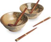 exclusief Japans servies set Edo Japan kommen  bestaande uit {set van twee stuks plus eetsokjes en lepels} , doorsnede 22 cm hoogte 9 cm inhoud 1000 cc kleur groen bruin zwart beige.