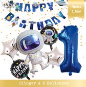 Super Ballon Set van 7 inclusief Slinger Nummer 1 - 1 Jaar - Ruimte - Space - Raket - Astronaut - Slinger - Ballonnen - Galaxy - Happy Birthday Slinger + Balonnen en cijfer 1 Ruimt
