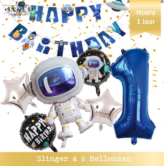 Super Ballon Set van 7 inclusief Slinger Nummer 1 - 1 Jaar - Ruimte - Space - Raket - Astronaut - Slinger - Ballonnen - Galaxy - Happy Birthday Slinger + Balonnen en cijfer 1 Ruimtevaart - Space - Planeten - Versiering - Galaxy thema * Snoes