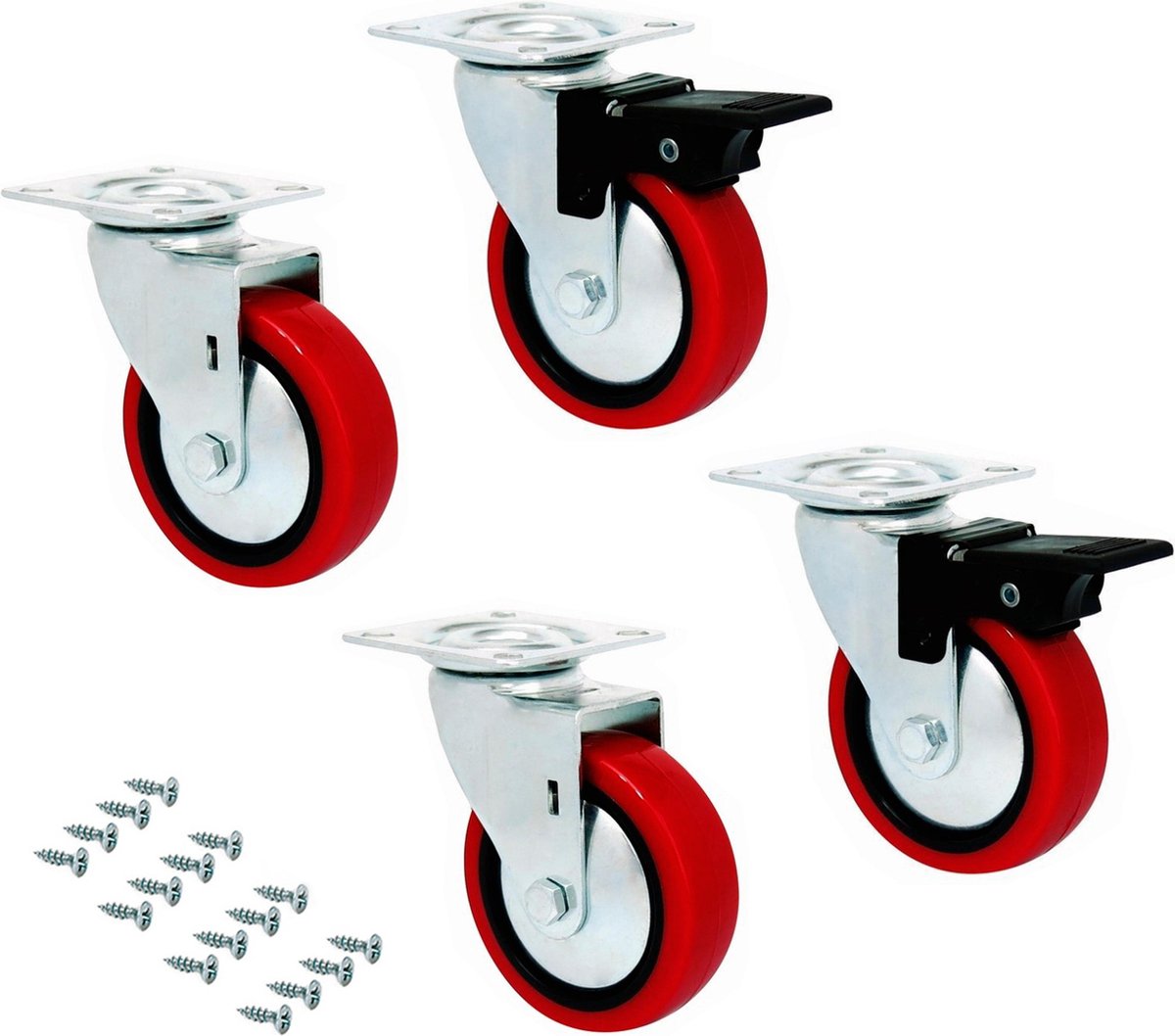 Emuca stevige zwenkwielen set van 4 – 50mm diameter – draagvermogen van 160KG - gebruiksvriendelijke transportwielen – rubberen meubelwielen – met voetrem – rood