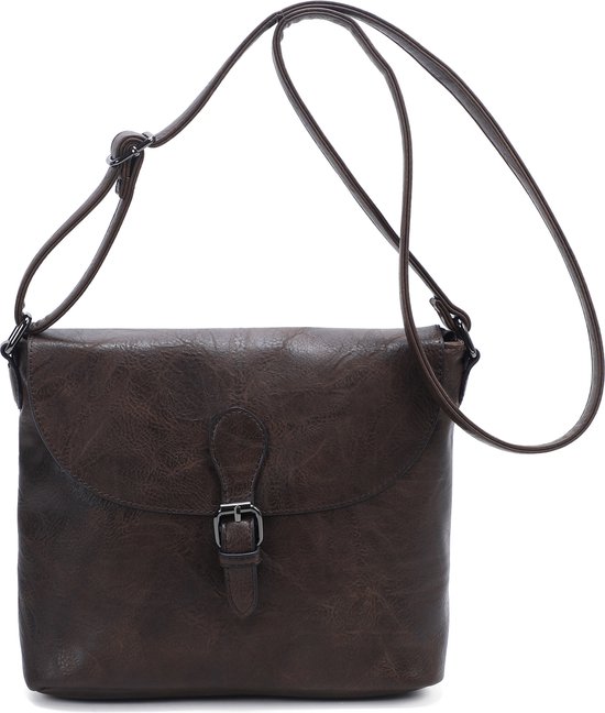 Ines Delaure- Paris - Crossbody handtas met flap en instelbare riem - marron donkerbruin