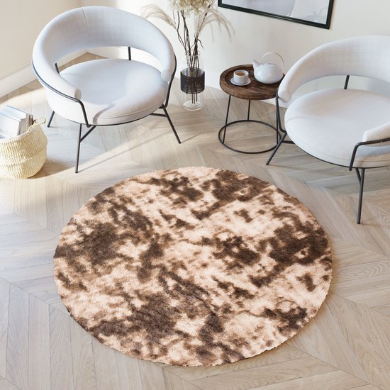 Tapis teint en Silk Tapiso Tapis rond marron à poils longs antidérapant pour salon et chambre à coucher, taille-100x100