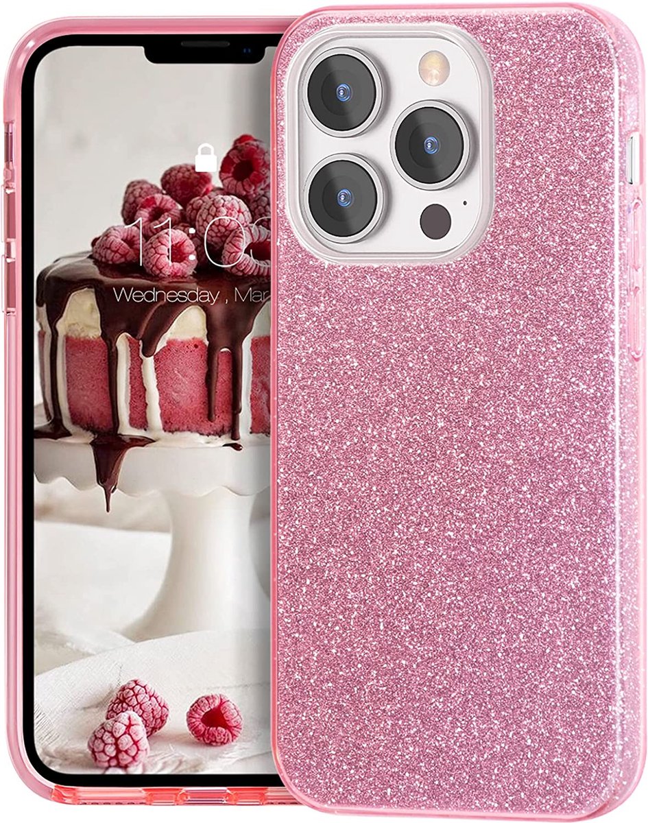 HB Hoesje Geschikt voor Apple iPhone 13 Pro - Roze - Glitter Back Cover