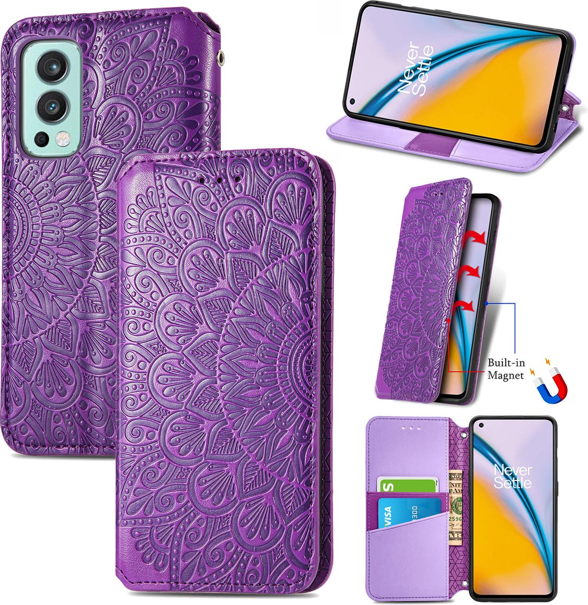 Luxe PU Lederen Blooming Mandala Reliëfpatroon Wallet Case + PMMA Screenprotector voor OnePlus Nord 2 _ Paars