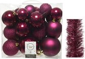 Kerstversiering kunststof kerstballen 6-8-10 cm met folieslingers pakket framboos roze van 28x stuks - Kerstboomversiering