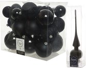 Kerstversiering kunststof kerstballen zwart 6-8-10 cm pakket van 27x stuks - Met glazen mat piek van 26 cm